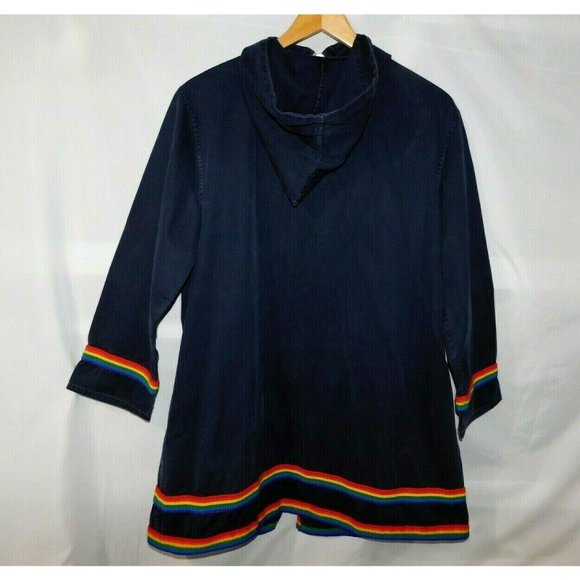 Vintage Grenfill Handicraft Blue Rainbow Trim Hooded Jacket Cotton Womens M / L - Picture 10 of 10